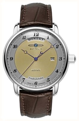 Zeppelin Friedrichshafen Day/Date Automatic (40mm) Gold Clous de Paris Dial / Brown Leather Strap 8562-5