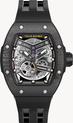 TSAR BOMBA Atomic Series Carbon Fibre Interchangeable Set (44.5mm) Black Skeleton Dial / Black + Red Set TB8218(1+2) CF 03RD/BK