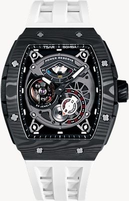 TSAR BOMBA Elemental Series Carbon Fiber Automatic (44.6mm) Black Skeleton Dial / White FKM Rubber Strap Watch TB8210CFII-02