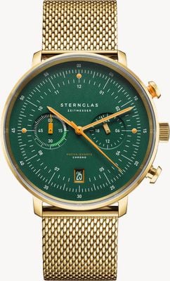 STERNGLAS Hamburg Mecha-Quartz Chrono Edition Vintage (42mm) Dark Green Dial / Gold Milanese 20 Mesh Bracelet S01-HCV22-MI05