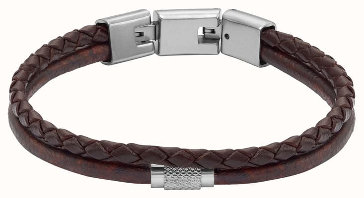 Fossil Men's Brown Leather Stainless Steel Double Strand Bracelet JF04702040