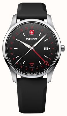 Wenger City GMT Quartz (42mm) Brushed Black Dial / Black Silicone Strap 01.1442.102