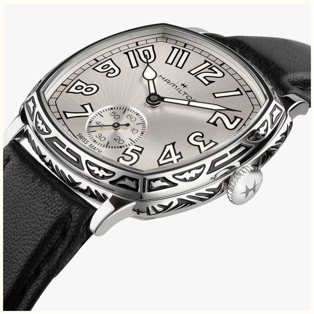 Hamilton American Classic Cushion Mechanical (34mm) Silver Sunray Dial / Black Leather Strap Watch H36149710 - alternate view 4