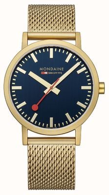Mondaine Classic | 40mm | Blue Dial | IP Gold Mesh Bracelet A660.30360.40SBM