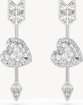Swarovski Idyllia drop earrings, Mixed cuts, Heart with arrow, White, Rhodium plated 5749602