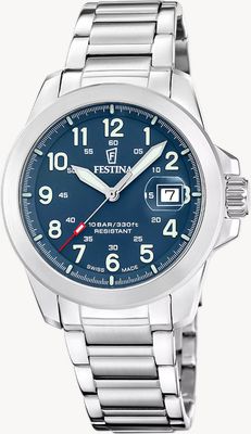 Festina Swiss Made Field Quartz (42mm) Blue Dial / Interchangeable Strap Set (Steel/Leather/NATO) F20081/2