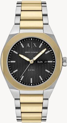 Armani Exchange Three-Hand Day/Date Quartz (42mm) Textured Black Dial / Two-Tone Stainless Steel Bracelet AX4298