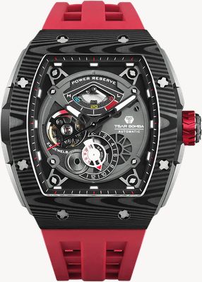 TSAR BOMBA Elemental Series Carbon Fiber Automatic (45.5mm) Black Skeleton Dial / Red FKM Rubber Strap TB8210CFII-03