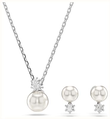 Swarovski Matrix Necklace and Stud Earrings Set Crystal Pearl White Crystals Rhodium Plated 5689624