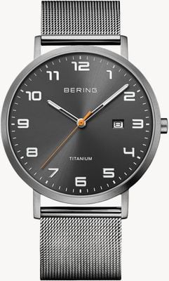 Bering Titanium Quartz (40mm) Grey Sunray Dial / Silver Milanese Mesh Strap Watch 18640-377