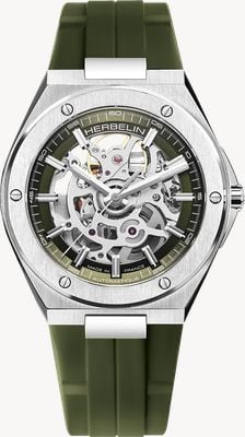 Herbelin Cap Camarat Skeleton Automatic (40.5mm) Silver Skeleton Dial / Khaki Green FKM Rubber Strap 1645SQ116CK