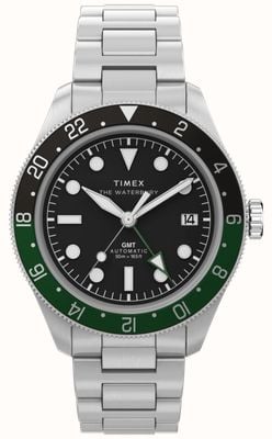 Timex Waterbury Heritage Automatic GMT (41.5mm) Black Dial / Stainless Steel Bracelet TW2Y60800