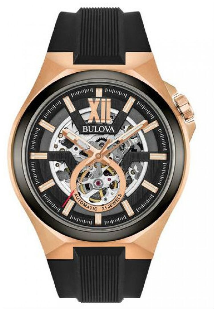 Bulova 98A177 Men’s Automatic Gold Pvd Plated Black Rubber Watch