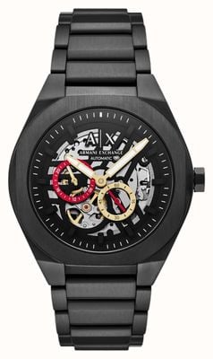 Armani Exchange Mechanical Skeleton (44mm) Black Skeleton Dial / Black PVD Stainless Steel Bracelet AX4196