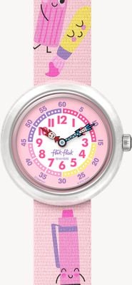 Flik Flak IN MY BAG (31.85mm) White and Pink Dial / Pink Stationary Patterned Strap FBNP247