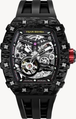 TSAR BOMBA Elemental Series Carbon Fiber Automatic (43.5mm) Black Skeleton Dial / Black FKM Rubber Strap TB8208CF-38