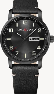 Wenger Swissgear Day/Date Quartz (42mm) Black Dial / Black Leather Strap 01.9041.429