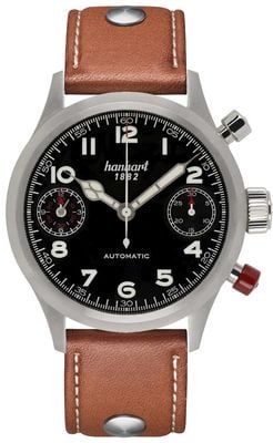 Hanhart PIONEER TwinDicator Automatic Chronograph (45mm) Black Dial / Light Brown Leather Strap - M 730.210-0210