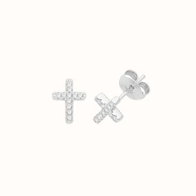 James Moore TH Sterling Silver Rhodium Plated Cubic Zirconia Set Cross Studs G51270