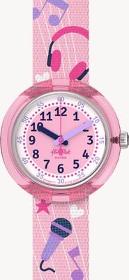 Flik Flak KARAOKEEE (31.85mm) Pink and White Dial / Pink Music Patterned Strap FPNP171