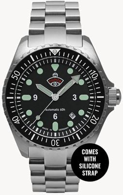 RUHLA NVA Kommando Minentaucher Automatic (43mm) Black Dial / Stainless Steel + Black Silicone Strap 4960M5SET