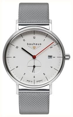 Bauhaus Classic Small-Seconds Quartz (41mm) White Dial / Stainless Steel Mesh Bracelet 2130M1