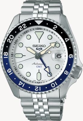Seiko 5 Sports SKX GMT Sky Blue Silver Cloud Silver White Dial / Stainless Steel Bracelet SSK033K1
