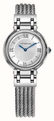 Herbelin Galet Diamond Quartz (28mm) Silver Guilloché Dial / Stainless Steel Cable Bracelet 17430BC72Y28