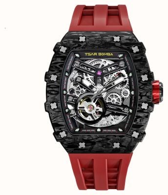 TSAR BOMBA Elemental Series Carbon Fiber Automatic (43.5mm) Black Skeleton Dial / Passion Red FKM Rubber Strap TB8208CF-09