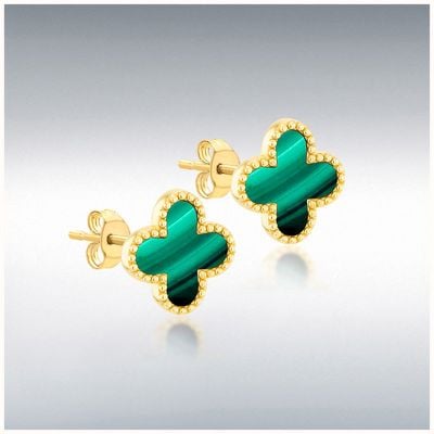 9ct Yellow Gold 11.4mm X 11.4mm Clover Malachite Stud Earrings 1.55.9526