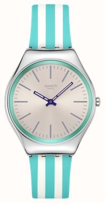 Swatch BEACH HOUR (38mm) Silver Sun-Brushed Dial / Turquoise & White Striped Silicone Strap SYXS160