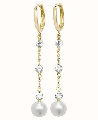 James Moore TH 9k Yellow Gold Drop Pearl Cubic Zirconia Earrings ER1139