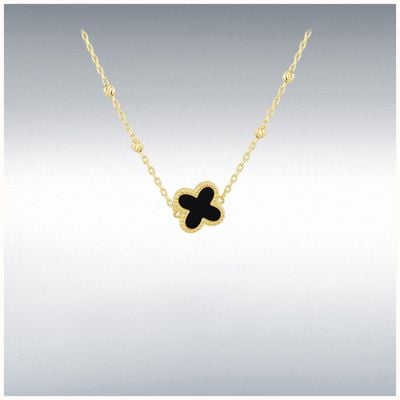 9ct Yellow Gold 9.5mm Black Onyx Clover DC Ball Necklet 41cm 1.19.2250