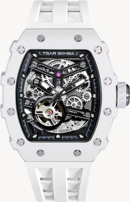TSAR BOMBA Elemental Series Ceramic Automatic (43.5mm) Black Dial / White FKM Rubber Strap TB8208C-07