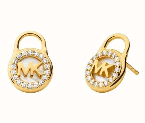 Michael Kors Jewellery Lock Stud Earrings Gold Plated Sterling Silver Mother of Pearl Crystal Set MKC1558AH710