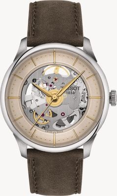 Tissot Chemin Des Tourelles Squelette (39mm) Ivory Open Heart Dial / Brown Leather Strap T1398361626100