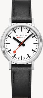 Mondaine Stop2Go (34mm) Classic White Dial / Black Vegan Grape Leather MST.3401B.LBV.SET