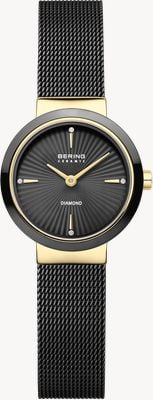 Bering Classic Diamond Quartz (27mm) Textured Black Dial / Black Milanese Mesh Strap Watch 10725-132