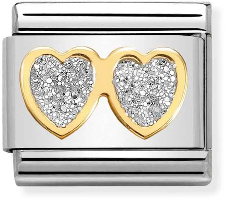 Nomination Classic Double Silver Hearts 18ct Gold & Steel Enamel Charm 030220/01