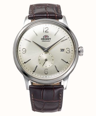 Orient Bambino Small Seconds Mechanical (40.5mm) Curved Antique Silver Case Bombe Dial Brown Leather Strap RA-AP0003S30B