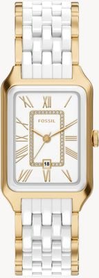Fossil Raquel 26 mm Three-Hand Date Gold-Tone Stainless Steel & White Ceramic Fossil Watch CE1136