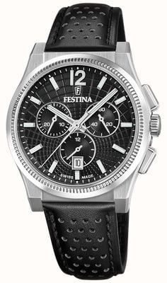 Festina Swiss Made Rivé Quartz Chronograph (42.5mm) Black Dial / Black Leather Strap F20060/4