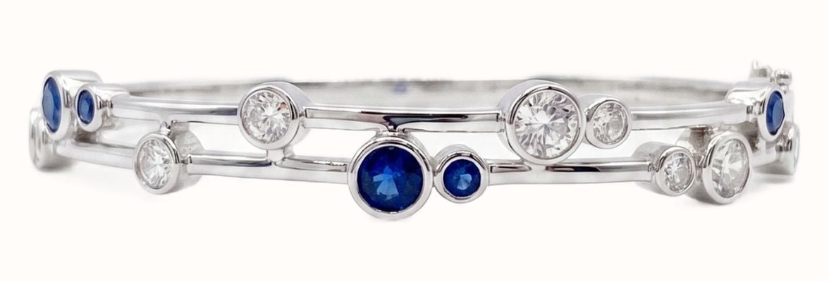 Solid Silver Boodle Style Bangle With Blue And White CZ JZBN032