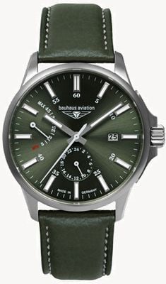 Bauhaus Aviation Titanium Automatic Power-Reserve (42mm) Dark Green Dial / Green Leather Strap 28604