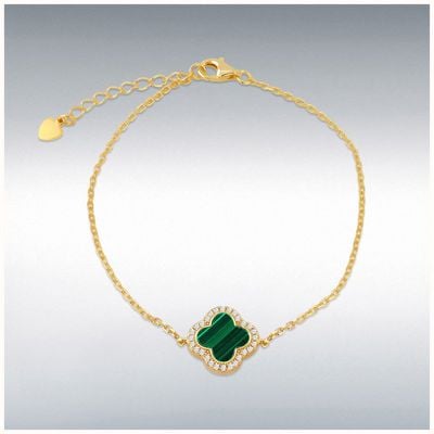 Sterling Silver Yellow Gold Plated 15mm x 15mm Clover Malachite and 1mm White CZ Adjustable Bracelet 8.23.7963