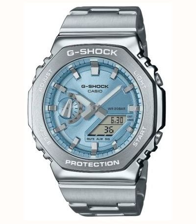 Casio G Shock Metal 44.4mm Sky Blue Dial Stainless Steel Bracelet GM 2110D 2AER