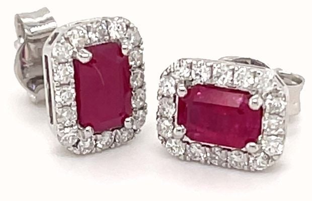 18ct White Gold Emerald Cut Ruby Diamond Cluster Studs 1.40ct Total SE4077