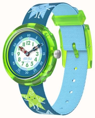Flik Flak STARY GLOW (31.85mm) White and Blue Dial / Blue Star Patterned Strap FBNP242