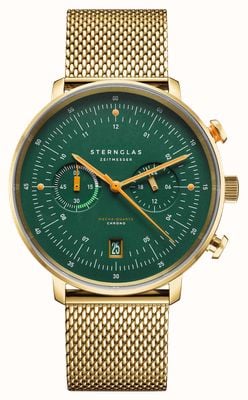 STERNGLAS Hamburg Mecha-Quartz Chrono Edition Vintage (42mm) Dark Green Dial / Gold Milanese 20 Mesh Bracelet S01-HCV22-MI05