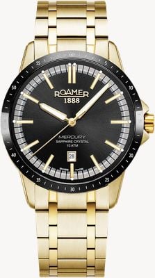 Roamer Mercury Classic Quartz (42mm) Black Dial / Gold PVD Stainless Steel Bracelet 968833 48 85 20